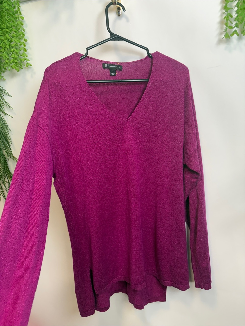 INC International Concepts V-Neck Pullover Sweater in Bright Magenta